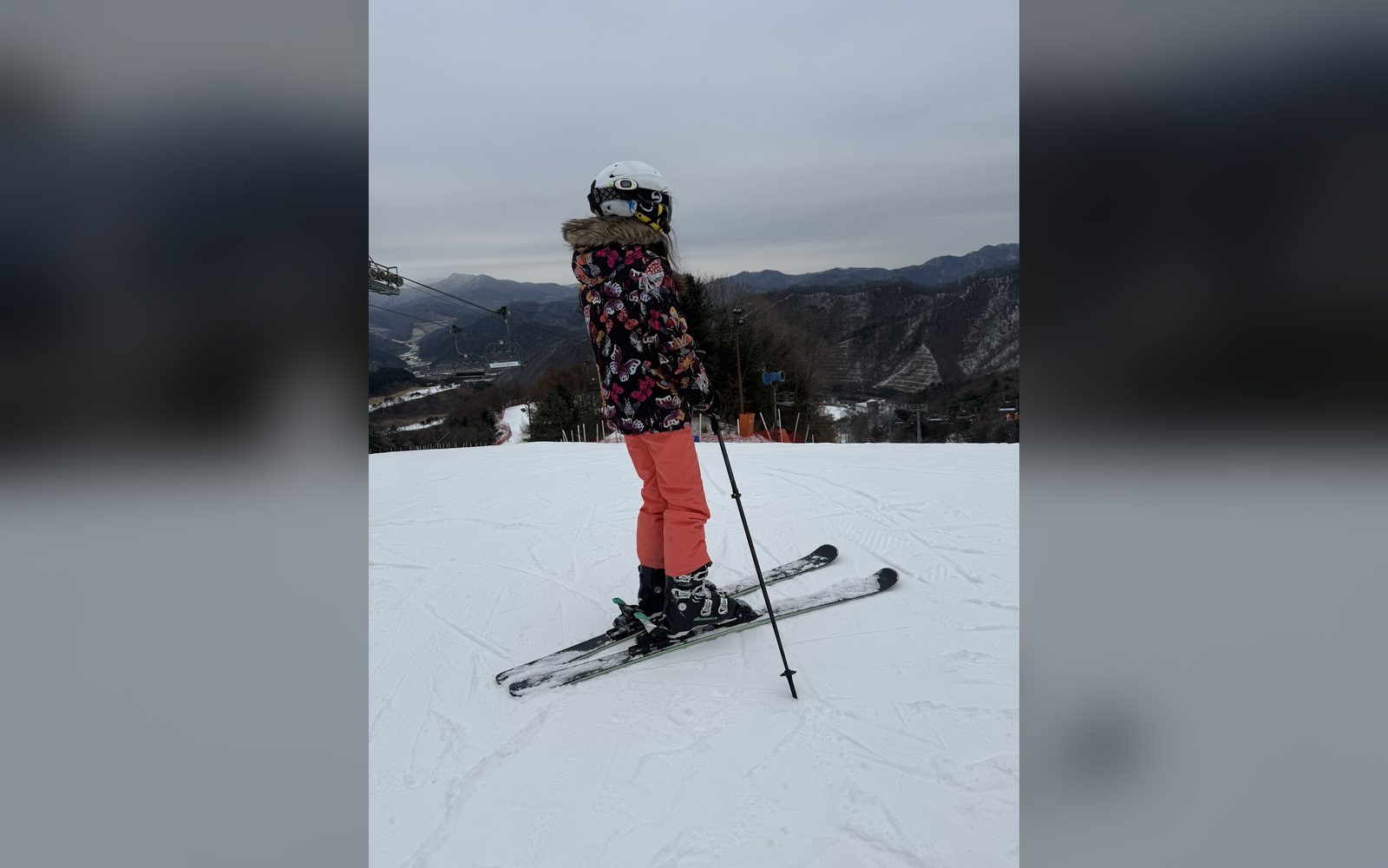 폴을 짚고 산을 바라보는 아이
