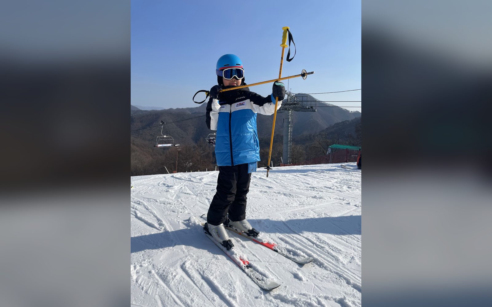 폴을 들어 올리고 선 아이