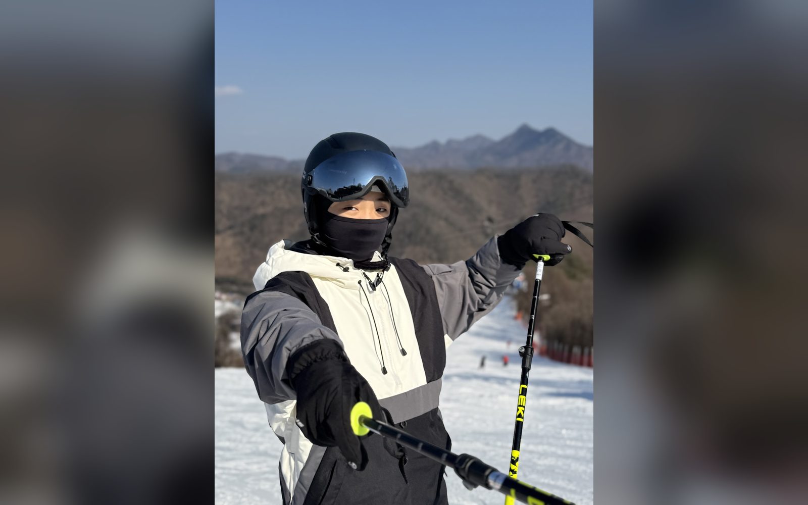 폴을 들고 산을 등진 아이